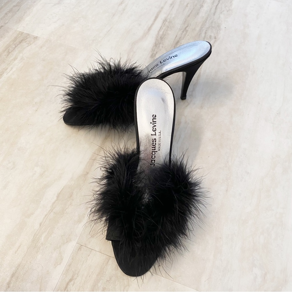 Jacques Levine Sz 7M Black Feather Heels Mules Vintage - Picture 3 of 10